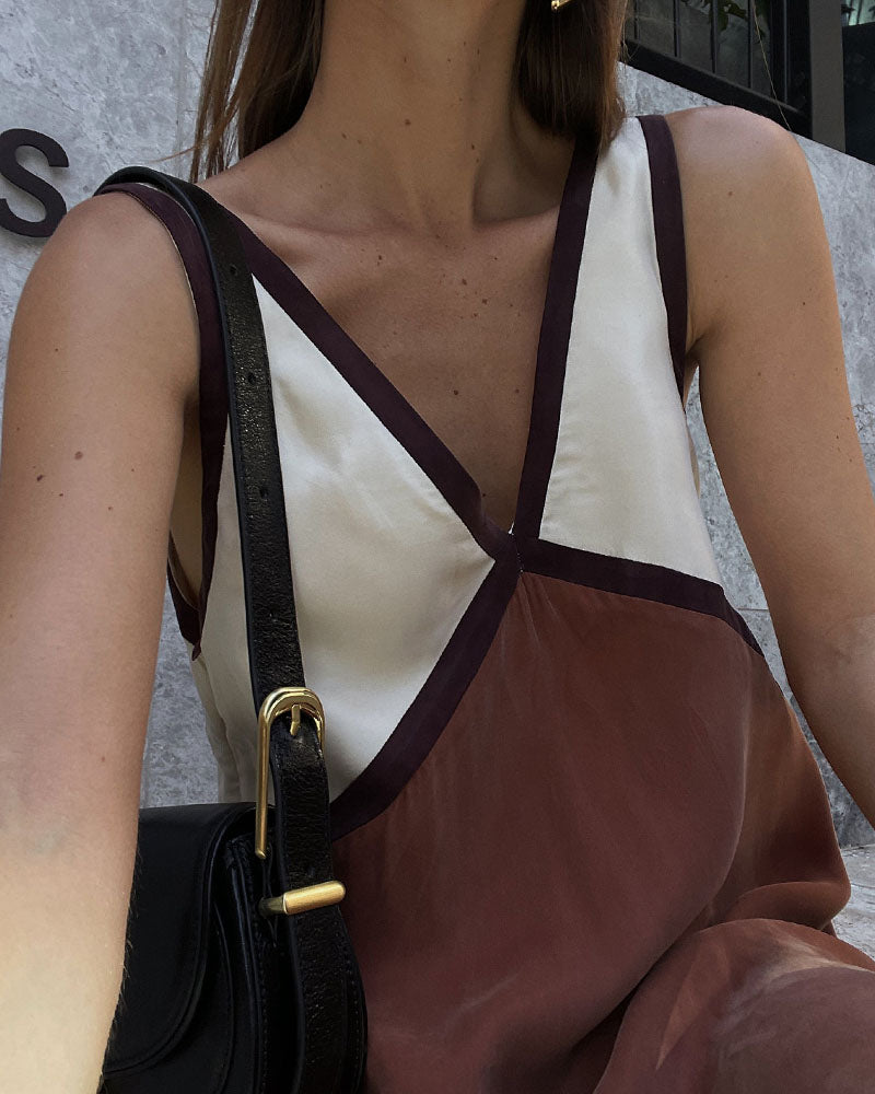 Maxi Jurk Dames - Kleurblok met Diepe V-hals | Zomer