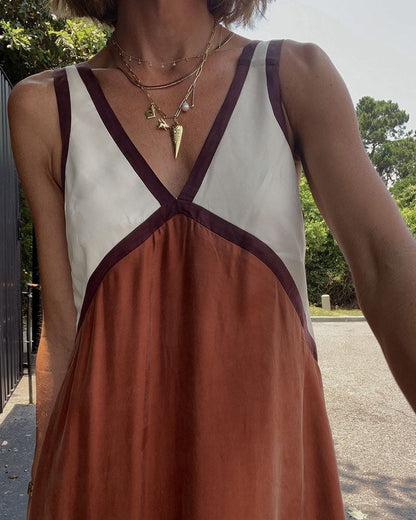 Maxi Jurk Dames - Kleurblok met Diepe V-hals | Zomer
