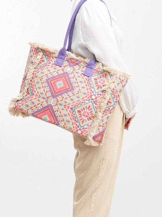Tas Dames - Grote Shopper met Franje en Kleurrijk Bohemien Print | Zomer