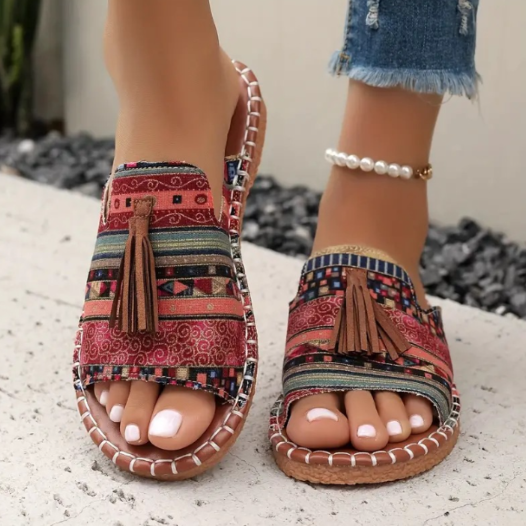 Anouk - Boho Sandalen Dames met Kwastjes en Ethnic Print