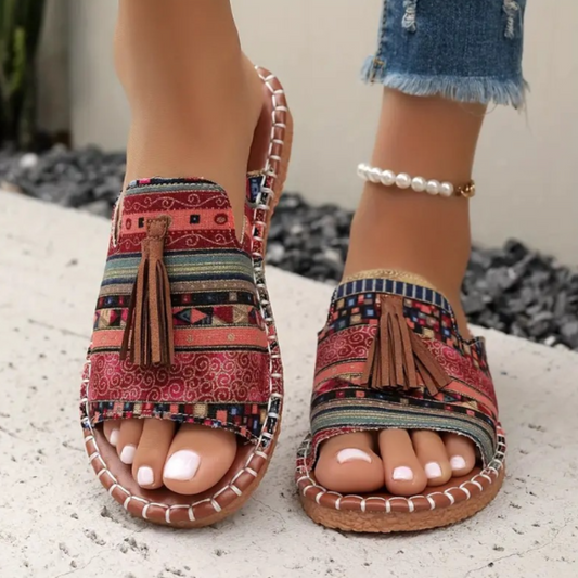 Anouk - Boho Sandalen Dames met Kwastjes en Ethnic Print