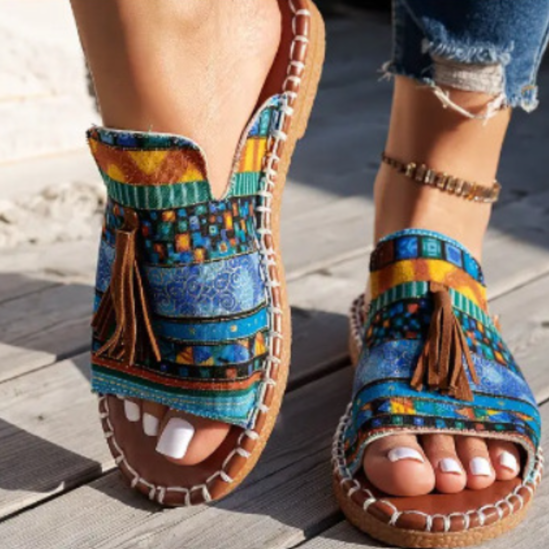 Anouk - Boho Sandalen Dames met Kwastjes en Ethnic Print