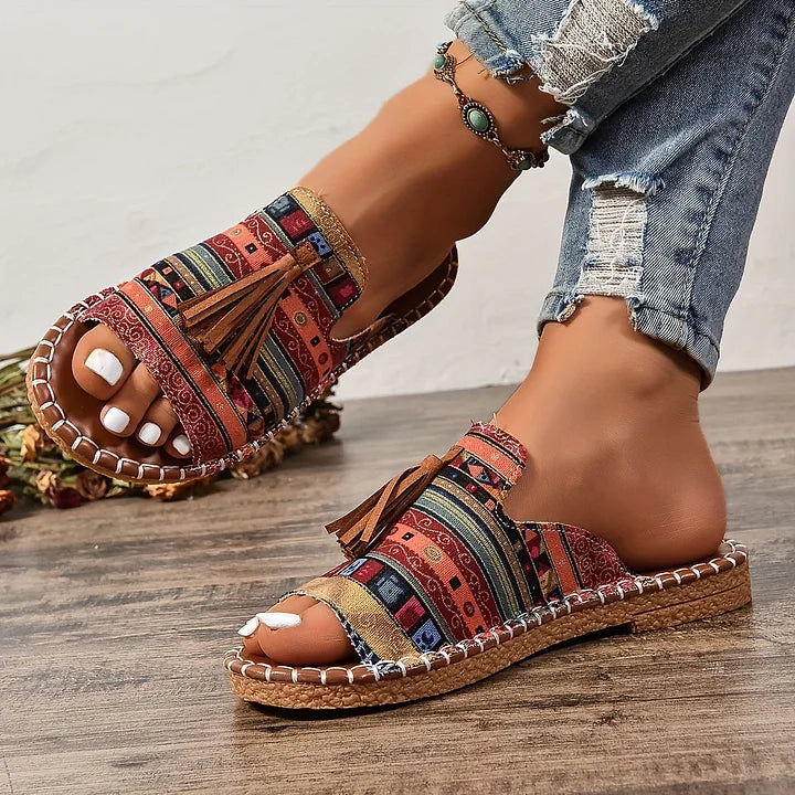 Anouk - Boho Sandalen Dames met Kwastjes en Ethnic Print