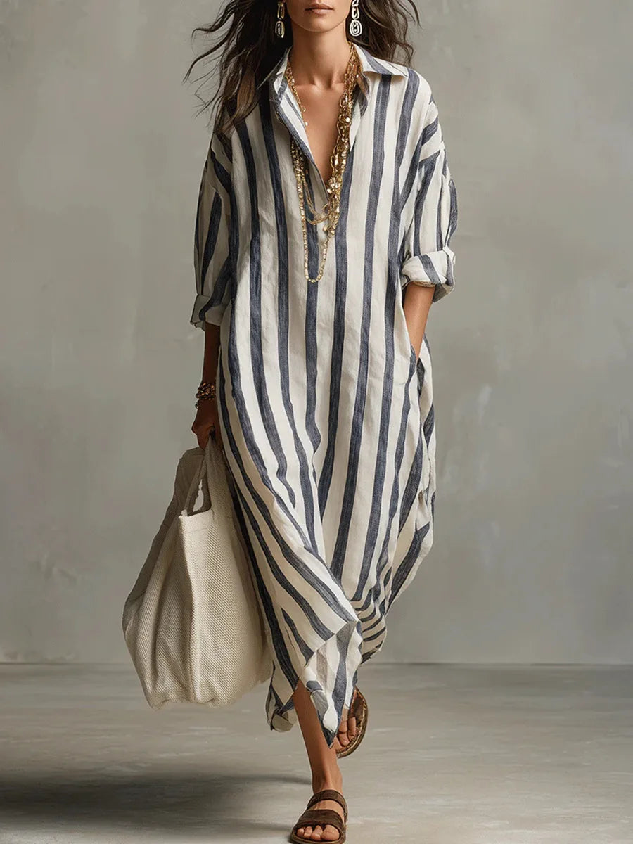 Anouk - Casual Linnen Jurk Dames Maxi met Streepprint en Oversized Pasvorm