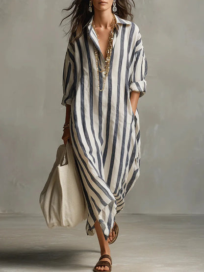 Anouk - Casual Linnen Jurk Dames Maxi met Streepprint en Oversized Pasvorm