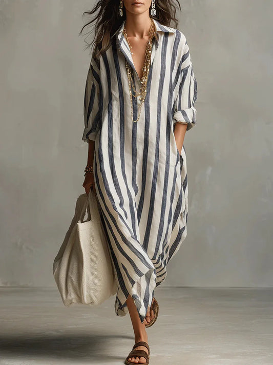 Anouk - Casual Linnen Jurk Dames Maxi met Streepprint en Oversized Pasvorm