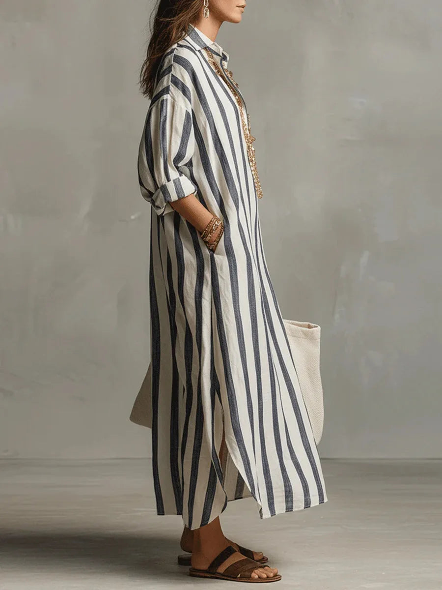 Anouk - Casual Linnen Jurk Dames Maxi met Streepprint en Oversized Pasvorm