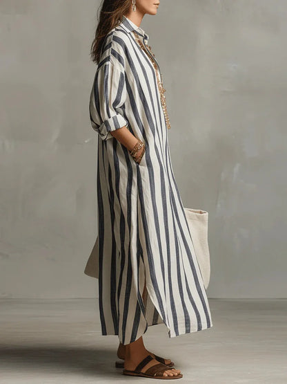 Anouk - Casual Linnen Jurk Dames Maxi met Streepprint en Oversized Pasvorm