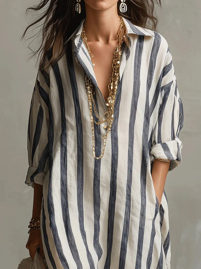 Anouk - Casual Linnen Jurk Dames Maxi met Streepprint en Oversized Pasvorm