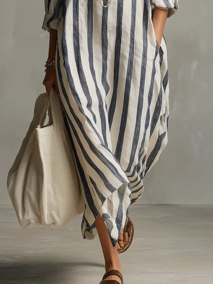 Anouk - Casual Linnen Jurk Dames Maxi met Streepprint en Oversized Pasvorm