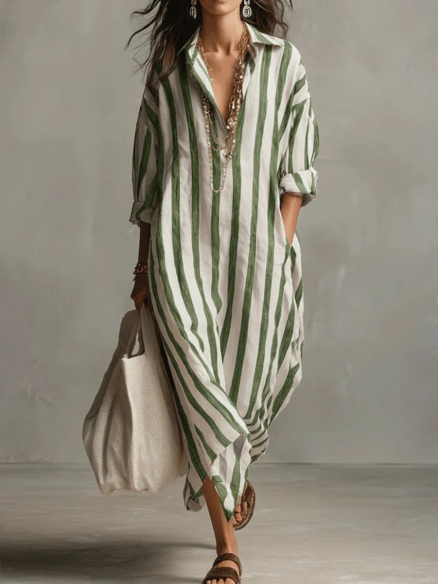 Anouk - Casual Linnen Jurk Dames Maxi met Streepprint en Oversized Pasvorm