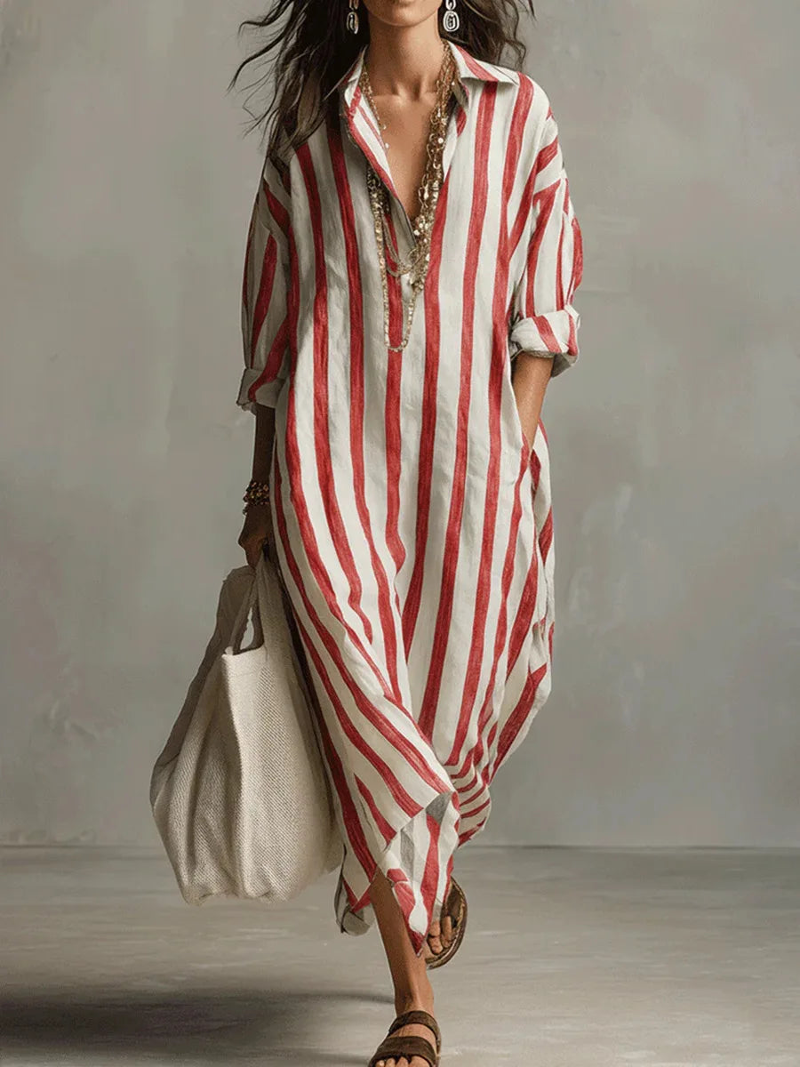 Anouk - Casual Linnen Jurk Dames Maxi met Streepprint en Oversized Pasvorm