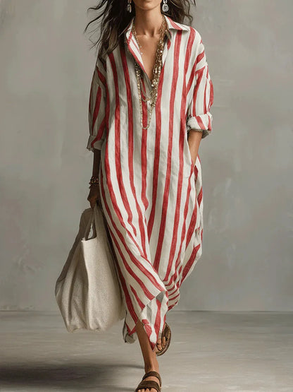 Anouk - Casual Linnen Jurk Dames Maxi met Streepprint en Oversized Pasvorm