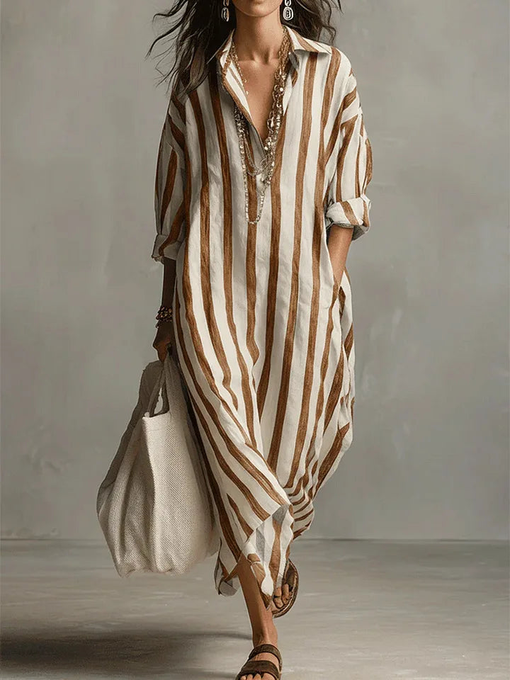 Anouk - Casual Linnen Jurk Dames Maxi met Streepprint en Oversized Pasvorm