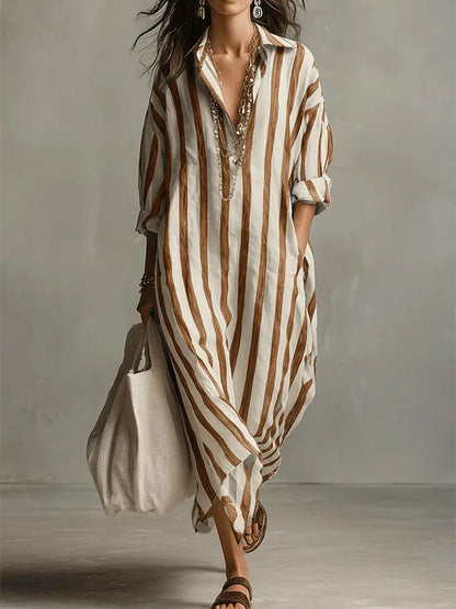 Anouk - Casual Linnen Jurk Dames Maxi met Streepprint en Oversized Pasvorm