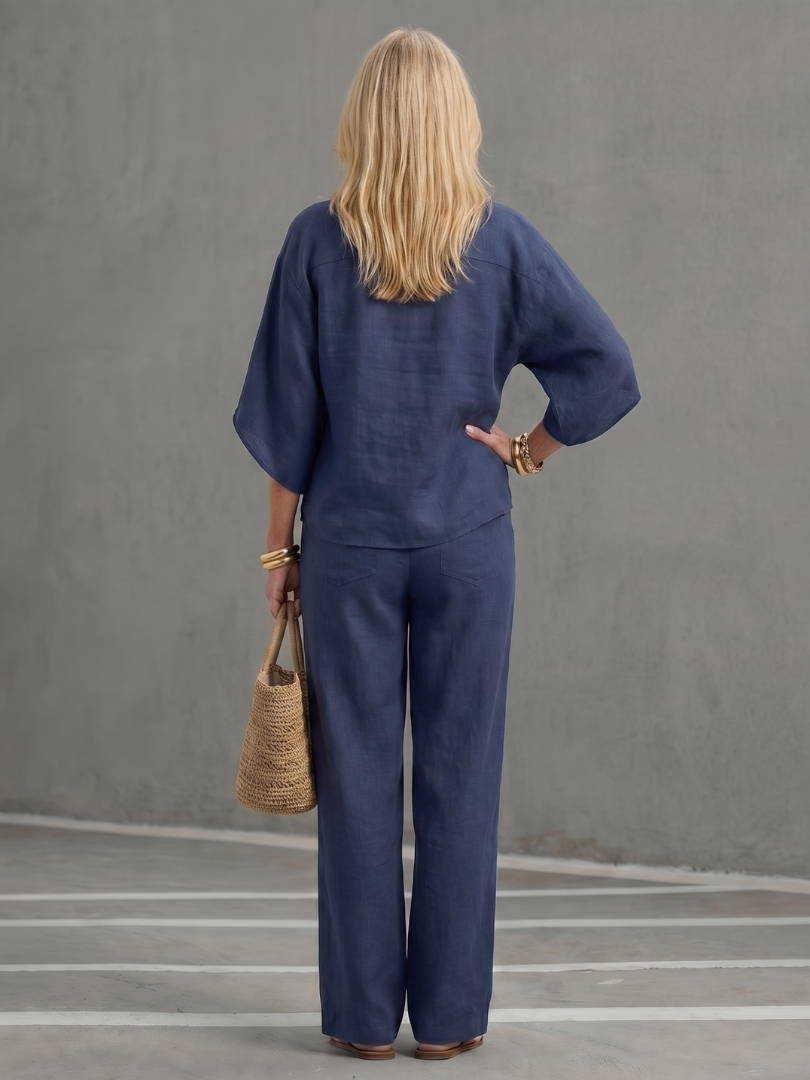 Anouk - Chique Linnen Tweedelige Set Dames met Kimonomouwen en Rechte Broek