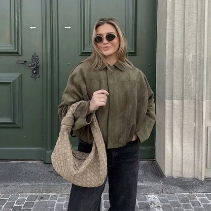 Anouk - Dames Bomberjack Suède Stijl voor de Herfst met Kraag en Knoopsluiting