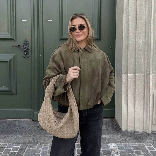 Anouk - Dames Bomberjack Suède Stijl voor de Herfst met Kraag en Knoopsluiting