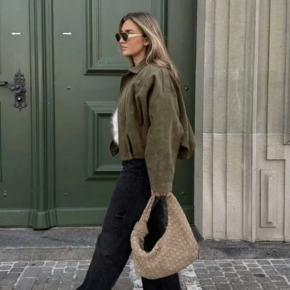 Anouk - Dames Bomberjack Suède Stijl voor de Herfst met Kraag en Knoopsluiting