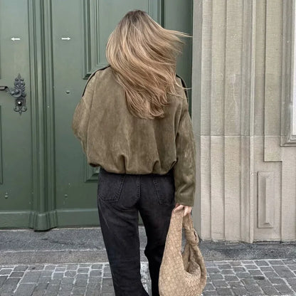Anouk - Dames Bomberjack Suède Stijl voor de Herfst met Kraag en Knoopsluiting