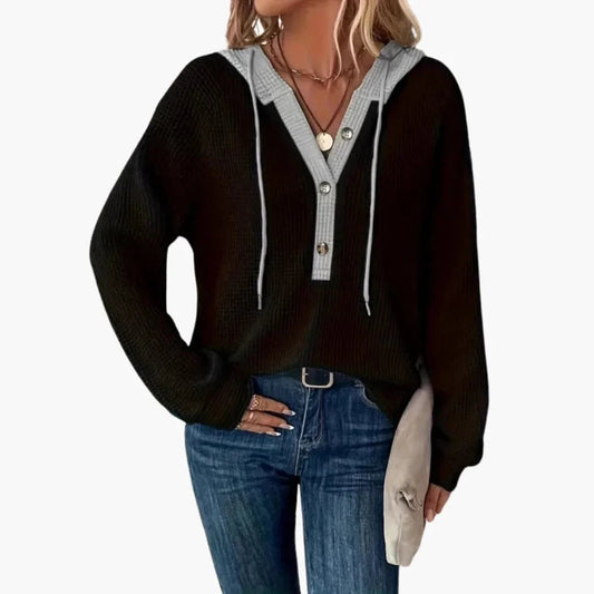Anouk - Dames Hoodie Geribd met Knoopsluiting en Contrast Capuchon