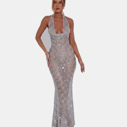 Anouk - Dames Maxi Feestjurk Glanzend met Glitter en Watervalhals