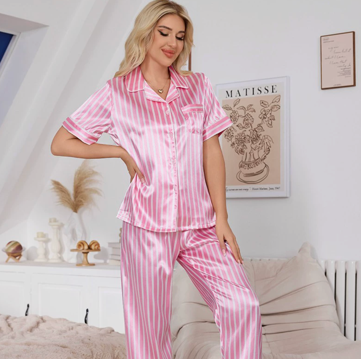 Anouk - Dames Pyjama Set Gestreept met Korte Mouwen en Lange Broek