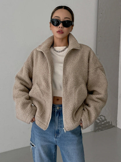 Anouk - Dames Teddy Jas Oversized met Opstaande Kraag en Rits Herfst