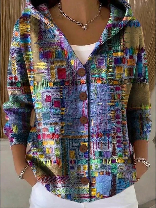 Anouk - Dames Vest voor de Herfst met Capuchon Knopen en Patchwork Print
