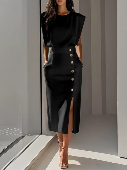 Anouk - Elegante Bruiloft Gastenjurk Dames met Gouden Knopen en Gestructureerde Schouders