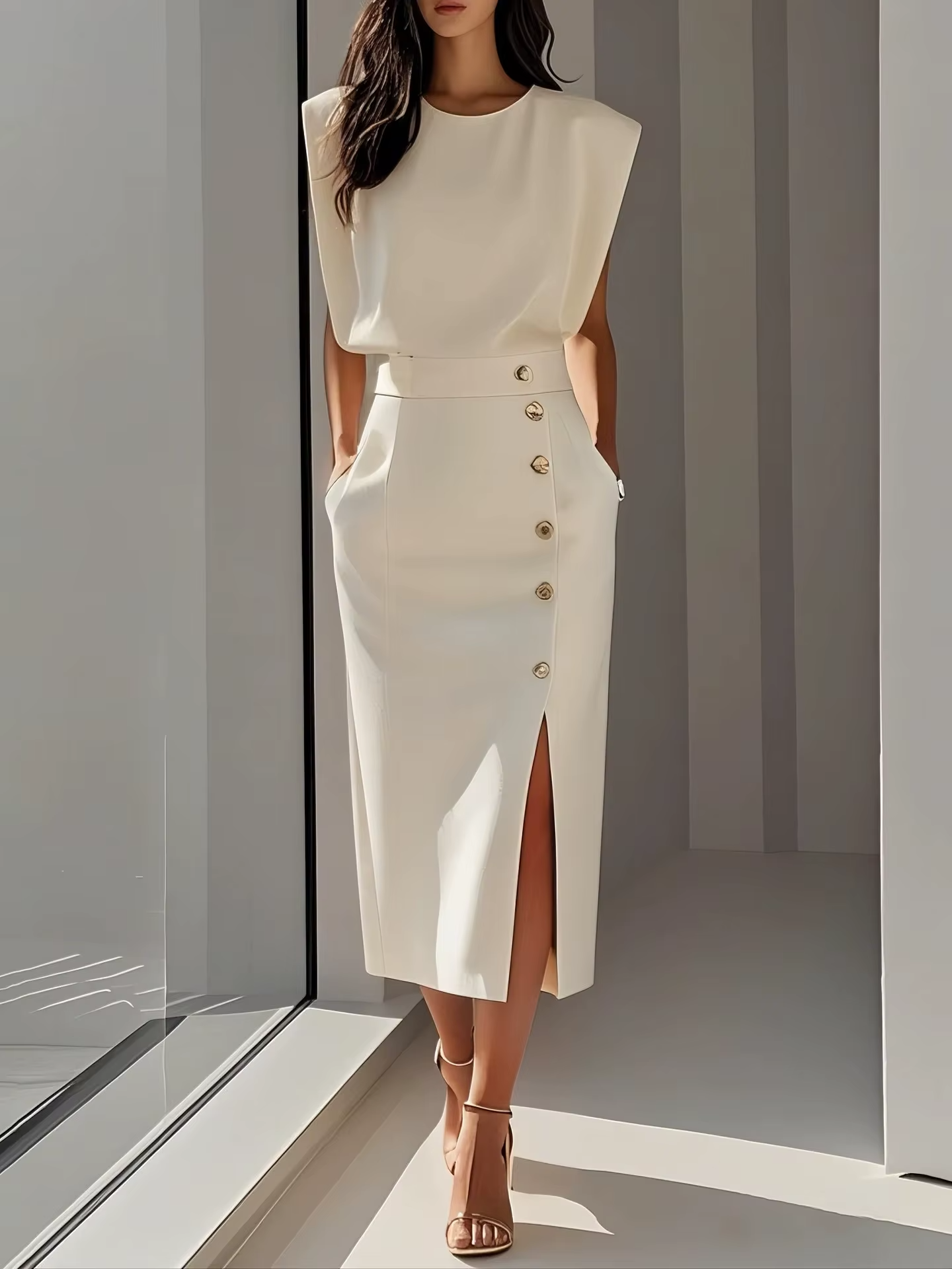 Anouk - Elegante Bruiloft Gastenjurk Dames met Gouden Knopen en Gestructureerde Schouders