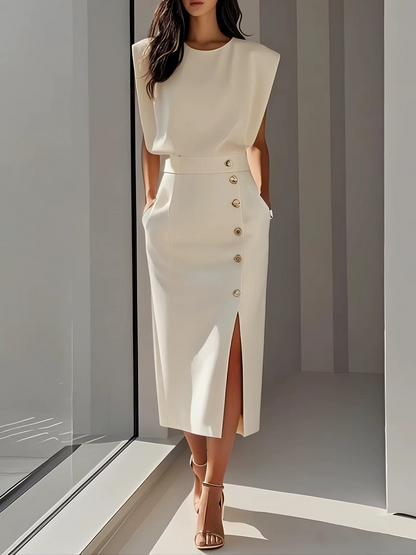 Anouk - Elegante Bruiloft Gastenjurk Dames met Gouden Knopen en Gestructureerde Schouders