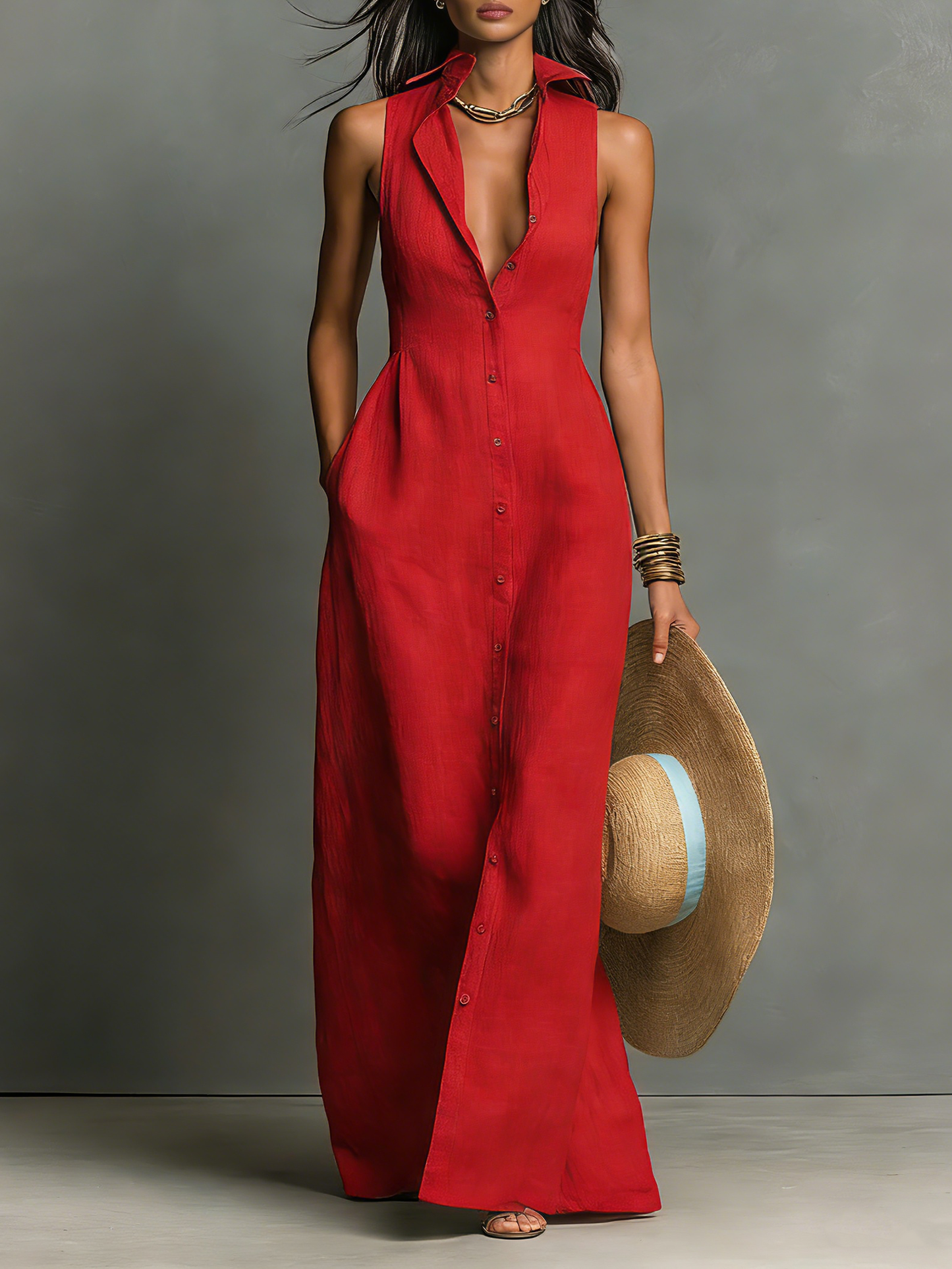 Anouk - Elegante Linnen Maxi Jurk Dames met Diepe V-hals en Knoopsluiting