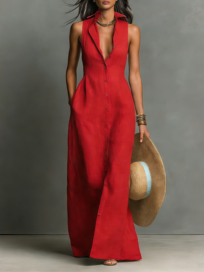 Anouk - Elegante Linnen Maxi Jurk Dames met Diepe V-hals en Knoopsluiting