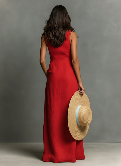Anouk - Elegante Linnen Maxi Jurk Dames met Diepe V-hals en Knoopsluiting