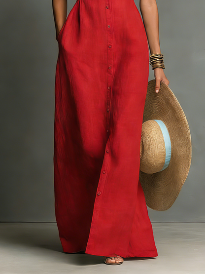 Anouk - Elegante Linnen Maxi Jurk Dames met Diepe V-hals en Knoopsluiting