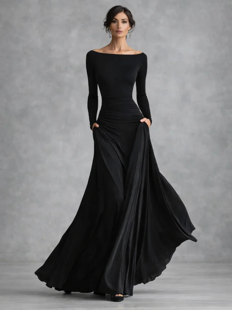 Anouk - Elegante Maxi Jurk Dames met Boothals en Lange Mouwen voor Gala