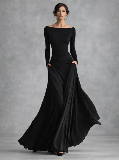 Anouk - Elegante Maxi Jurk Dames met Boothals en Lange Mouwen voor Gala
