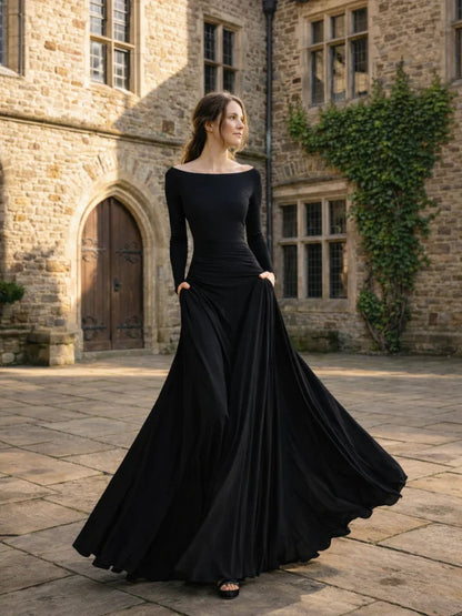 Anouk - Elegante Maxi Jurk Dames met Boothals en Lange Mouwen voor Gala