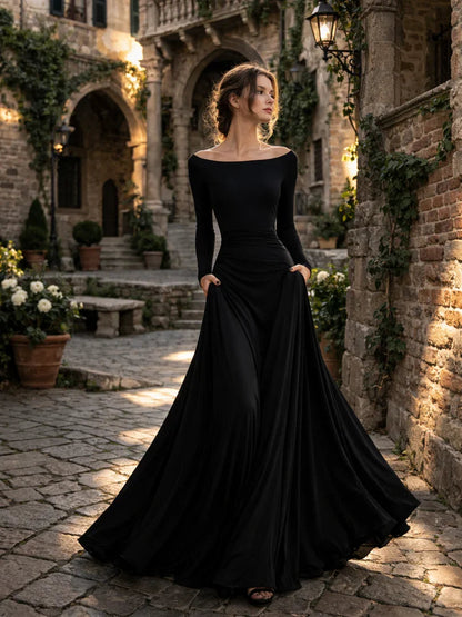 Anouk - Elegante Maxi Jurk Dames met Boothals en Lange Mouwen voor Gala