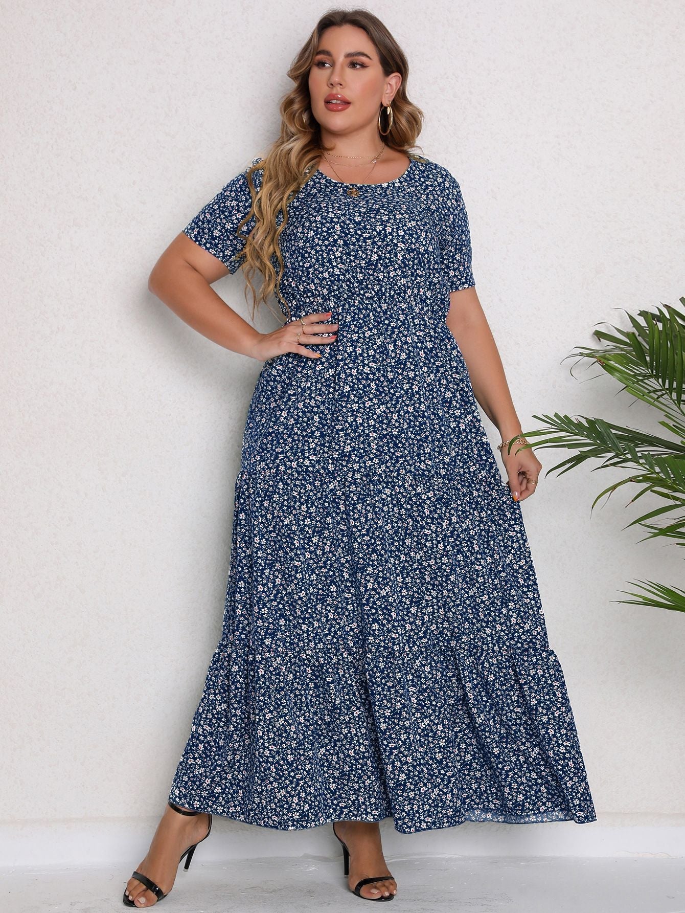 Anouk - Romantische Grote Maten Jurk Bruiloft Gast Dames met Bloemenprint en Volant Zoom