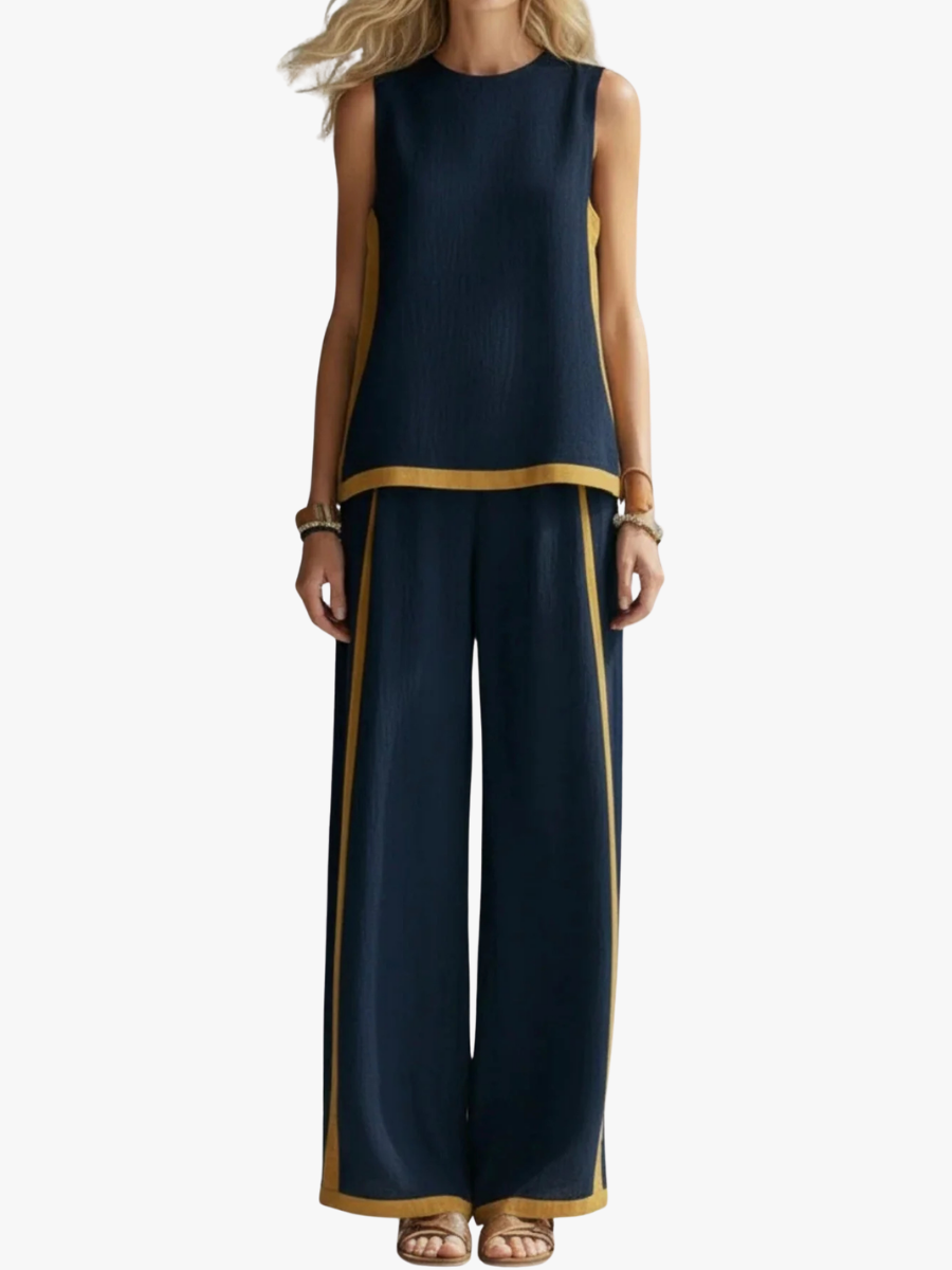 Anouk - Trendy Linnen Co-ord Set Dames met Wijde Broek en Contrastbies