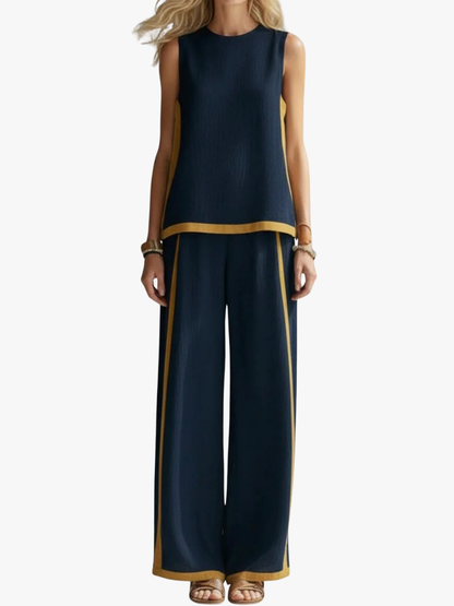Anouk - Trendy Linnen Co-ord Set Dames met Wijde Broek en Contrastbies