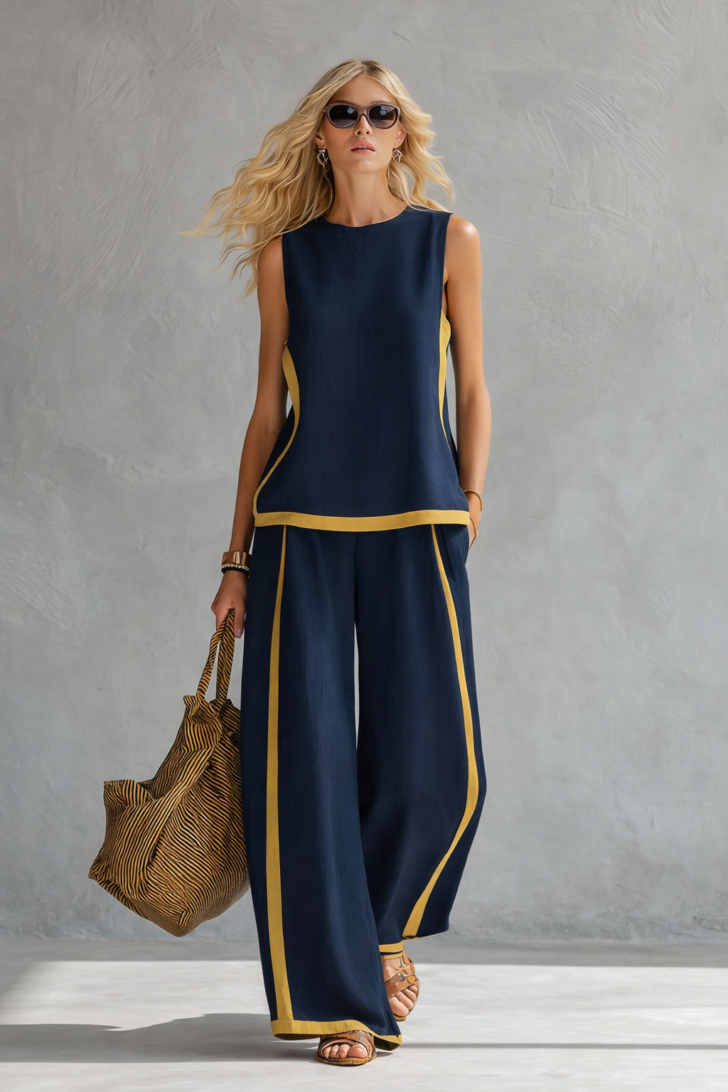 Anouk - Trendy Linnen Co-ord Set Dames met Wijde Broek en Contrastbies