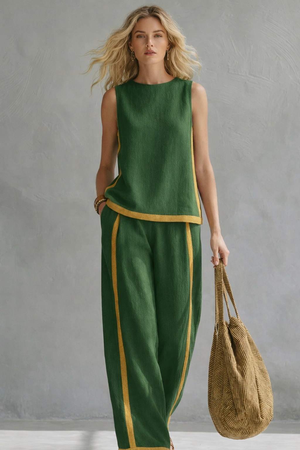 Anouk - Trendy Linnen Co-ord Set Dames met Wijde Broek en Contrastbies