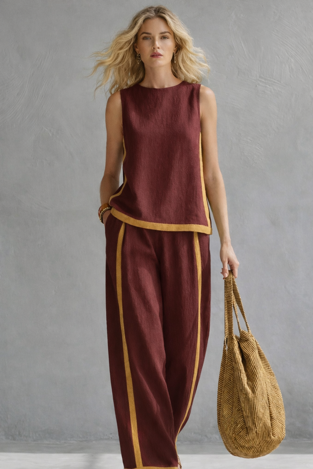 Anouk - Trendy Linnen Co-ord Set Dames met Wijde Broek en Contrastbies