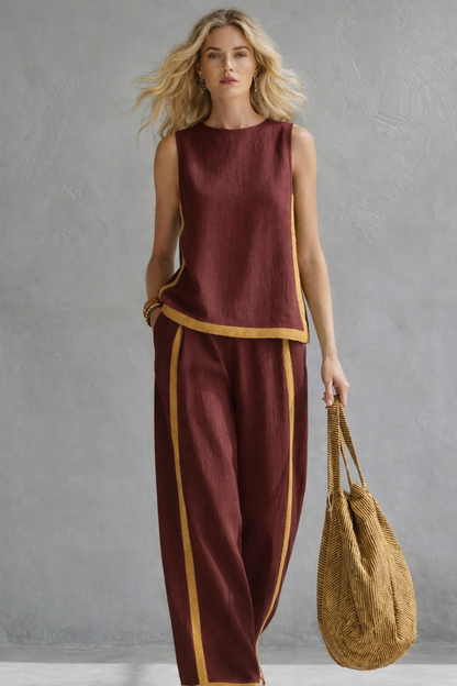 Anouk - Trendy Linnen Co-ord Set Dames met Wijde Broek en Contrastbies