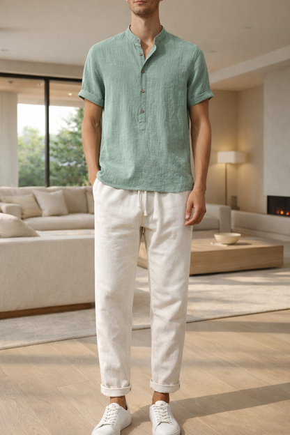 Bas - Casual Linnen Set Heren met Korte Mouwen en Elastische Taille