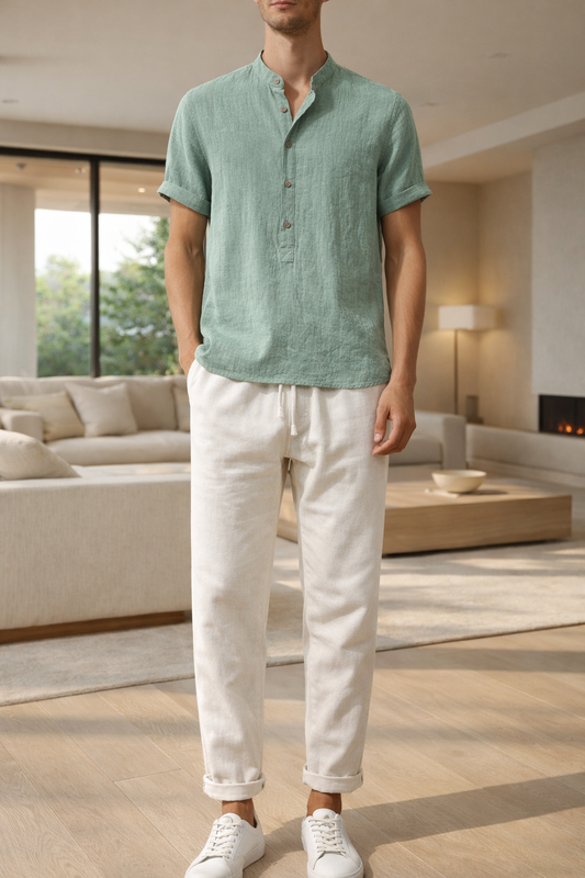 Bas - Casual Linnen Set Heren met Korte Mouwen en Elastische Taille
