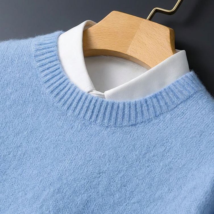 Bas - Heren Gebreide Trui met Cashmere Blend Ribgebreide Boord en Lange Mouw